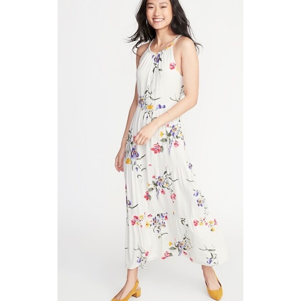 Old Navy Maxi Dress Womens M Tall White Floral Excellent Tiered Boho Cottagecore